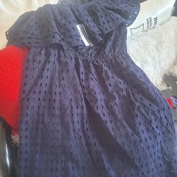 Chelsea & Theodore Navy One Shoulder Eyelet Dress Size L - Picture 5 of 9